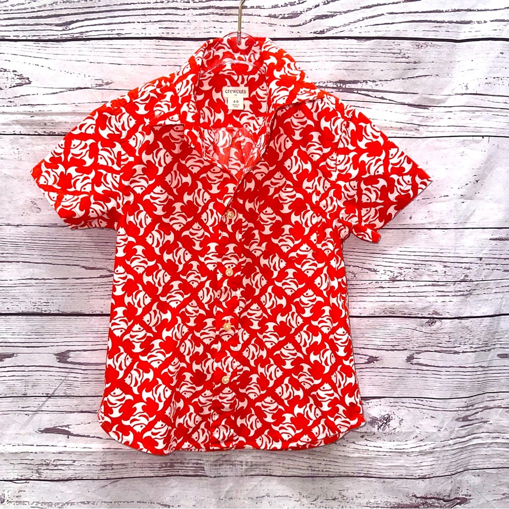 Crewcuts Boy's Red & White Fish Print Short Sleeve Shirt Size 4-5